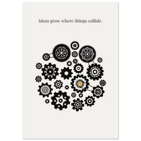 Black gears on a white background with text 'Ideas grow where things collide'.