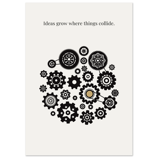Black gears on a white background with text 'Ideas grow where things collide'.