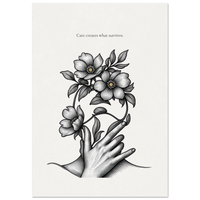 Minimalist black and white poster featuring a hand holding blooming flowers with the quote “Care creates what survives”