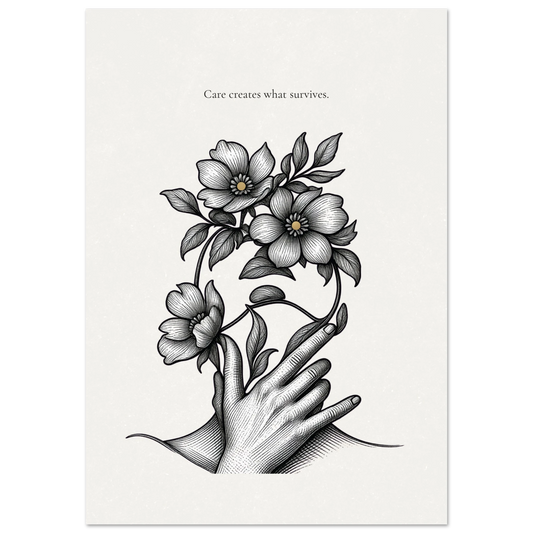 Minimalist black and white poster featuring a hand holding blooming flowers with the quote “Care creates what survives”