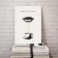 Minimalist surreal poster of ink-drawn lips floating above a coffee cup connected by golden steam on cream background — Distance bends to purpose quote by Monoquote