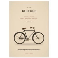 The Bicycle poster – minimalist 1880s vintage bicycle art print on cream, “Freedom powered by two wheels.”, MonoQuote