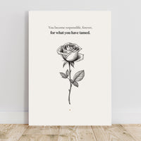 Poster with a rose illustration and text on a white background