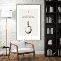 Minimalist poster of a boy and fox standing on a small planet with a golden star above on cream background — I am looking for friends what does that mean tame Little Prince quote by Monoquote