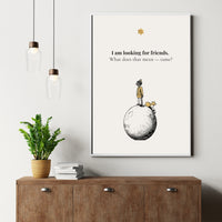 Minimalist poster of a boy and fox standing on a small planet with a golden star above on cream background — I am looking for friends what does that mean tame Little Prince quote by Monoquote