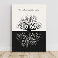 Canvas print with a black and white tree design and text 'The surface is not the truth.' on a light gray background.