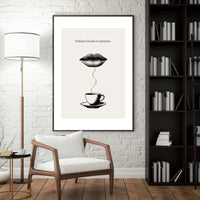 Minimalist surreal poster of ink-drawn lips floating above a coffee cup connected by golden steam on cream background — Distance bends to purpose quote by Monoquote