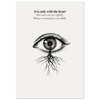 Minimalist poster of a detailed ink-drawn eye with a red heart in the pupil and roots growing from beneath on cream background — It is only with the heart that one can see rightly quote by Monoquote