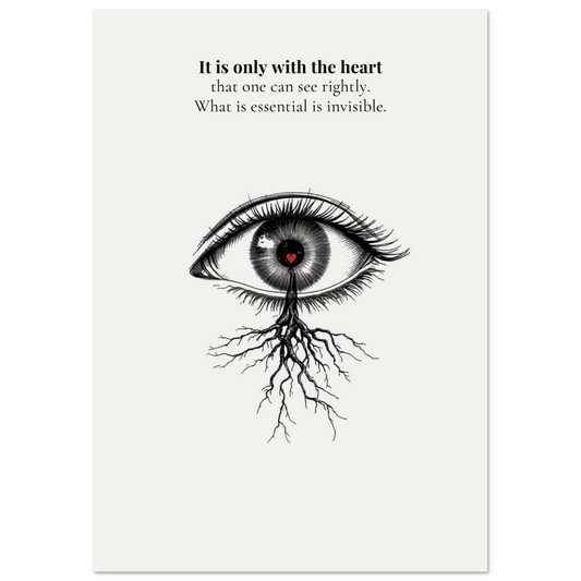 Minimalist poster of a detailed ink-drawn eye with a red heart in the pupil and roots growing from beneath on cream background — It is only with the heart that one can see rightly quote by Monoquote