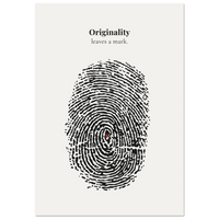 Minimalist poster with a large black ink fingerprint illustration and small red drop detail on cream background — Originality leaves a mark quote by Monoquote