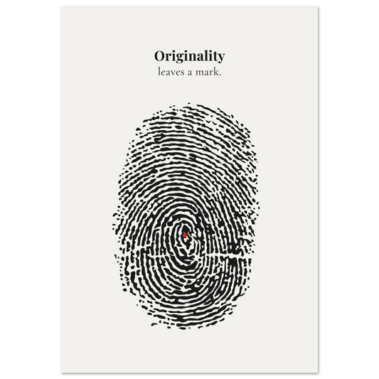 Minimalist poster with a large black ink fingerprint illustration and small red drop detail on cream background — Originality leaves a mark quote by Monoquote