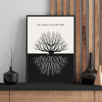 Framed artwork with tree design and text on a wall with decorative vases.