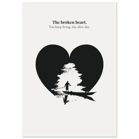 Minimalist poster of a lone boatman silhouette inside a black heart shape with light breaking through on cream background — The broken heart you keep living day after day quote by Monoquote