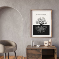 Minimalist poster showing a bare tree above ground and its root system below in black and cream contrast with a single green leaf — The surface is not the truth quote by Monoquote
