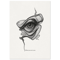 Black and white illustration of an eye with a face, titled 'What you see is you'.