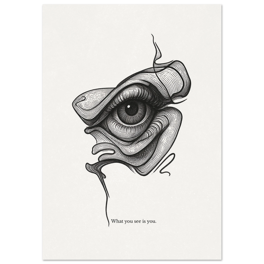 Black and white illustration of an eye with a face, titled 'What you see is you'.